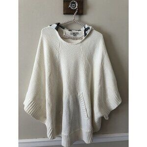 Bass Womens Size Small Hooded Knit Cape Sweater Pockets Plaid Trim Off White